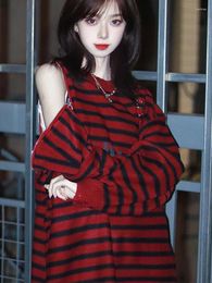 Women's Sweaters Y2k Striped Sweater Women Korean Fashion Sexy Off Shoulder Zipper Pullover Female Causal Vintage Harajuku Hip Hop Knitted