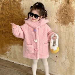 Jackets Girl Coat 2024 Winter Korean Style Children Clothes Girls Cute Ears Fur Long Plus Cashmere