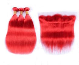 Virgin Brazilian Pure Red Human Hair Weaves with Frontal Closure Silky Straight Coloured Red Full Lace Frontal 13x4 with 3 Bundles 6274422