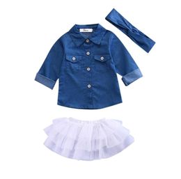 New Kids Baby Girl Clothes Denim Shirt Clothes Lace Tulle Skirts Headband Outfits 3pcs Set Newborn Jean Shirt For Girl Clothes Y202921410