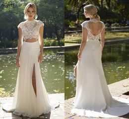 Two-pieces Lace Mermaid Wedding Dresses With Cap Sleeves Summer Beach Fishtail Skirt Boho Bridal Gowns Sexy Hole Back Sweep Train Women Bride Robes de Mariee CL3368