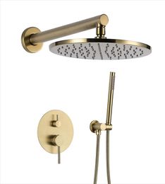 Brass Brushed Gold Rain Shower Faucet Set Wall Mounted Shower Arm Diverter Mixer Tap Handheld Spray Set1597872