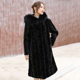 2023 New Fox Collar With Hat For Women's Combination Knee Length Large Mink Fur Coat 4439