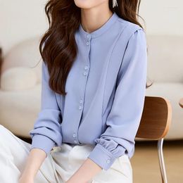 Women's Blouses QOERLIN O-Neck Long Sleeve Women Blue Chiffon Blouse Spring Fall Single-Breasted Button Up Loose Casual Office Ladies Shirts