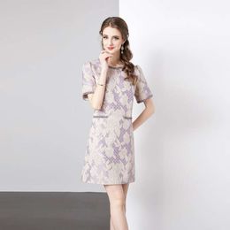Elegante senhora vestidos curtos manga uma linha saia elegante emagrecimento jacquard vestido de verão de alta qualidade