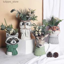 Vases Animal with Glasses Flower Vase Cute Owl Deer Fox Raccoon Resin Flowers Pots Desk Ornament Garden Flowerpot Sculpture Craft L240309