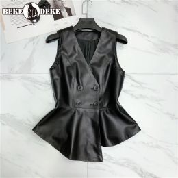 Waistcoats Designer OL 100% Genuine Leather Vest Women Slim Double Breasted Short Waistcoat VNeck Party Lady Sheepskin Sleeveless Jacket