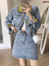 Work Dresses Fashion Women Denim Jacket Set Contrast Lapel Short Mini Skirt 2Pcs Suit Autumn Casual Streetwear