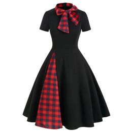 Dress Plaid Panel Bow Tie Midi Dress Vintage Rockabilly Style A Line Vestidos Long Dresses For Women Short Sleeve Patchwork Robe Femme