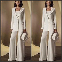 2019 New Satin Long Sleeves Mother Of the Bride Pant Suits with jacket Mother Dresses Custom Made White Formal Outfits 131210F