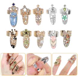 10 Pcs Vintage Open Nail Set Womens Rhinestones for Nails Finger Rings Alloy Crystal Kit 240307