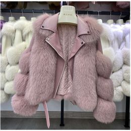 Designer Clothing Womens Jackets Furry Brown Cropped Women Real Furs Coat with Fox Fur Winter Fashion Motocycle Style Leather Jacket Woman Trendy Overcoats Ivpz