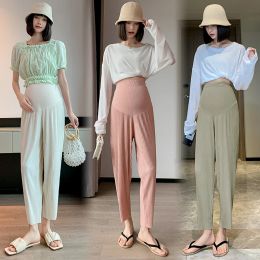 Capris 6076# Summer Ice Cool Chiffon Maternity Pants Elastic Waist Belly Straight Pants Clothes for Pregnant Women Pregnancy Trousers