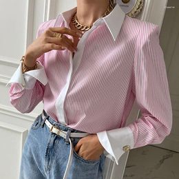 Women's Blouses QOERLIN Stylish Chic Striped Women Shirt Office Ladies Professional Bussiness Blue Blouse Casual Elegant Long Sleeve