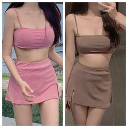 Three color South Korean 2024 new sexy bikini pants skirt conservative half skirt solid color split swimsuit for women