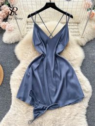 Dress SINGREINY High Quality Satin Sexy Mini Dress Ladies Strap Sleeveless Slim Backless Erotic Nightdress+Thongs Solid Porn Nightwear