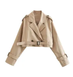 Trench 2023 New Women Fashion With Belt Oversized Cropped Trench Coats Vintage Double Button Long Sleeve Ladies Short Khaki Jacket