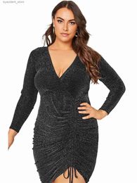 Urban Sexy Dresses Plus Size Elegant Spring Autumn Ruched Wrap Dress Women Long Sleeve Black Glitter Bodycon Dress Plus Size Sheath Party Dress 7XL L240309