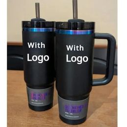 New Design Black Chroma Mug H2.0 40oz Stainless Steel with Straw Silicone Handle Mug Car Tumbler Water Bottle 0309