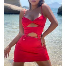 Casual Dresses Sexy Spaghetti Strap Ruffle Short Club Dress For Women 2024 Summer Red Bodycon Evening Party Tight Mini Clubwear