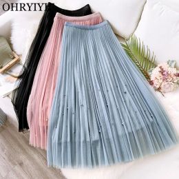 Dresses Ohryiyie Pearl Beading Skirts Women 2022 Spring Summer Long Sweet Tulle Skirt Female Blue Pink Pleated Skirts Jupe Longue Femme