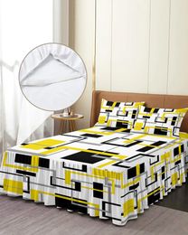 Bed Skirt Abstract Geometry Squares Modern Art Black Yellow Fitted Bedspread With Pillowcases Mattress Cover Bedding Set