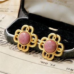 Stud Earrings Vintage Handmade Romantic Pink Natural Red Stone Flower Retro Earring