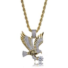 New Hip Hop Gold Color Plated Copper Iced Out Micro Paved CZ Eagle Pendant Necklace Men Charm Jewelry208s