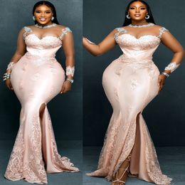 2024 Aso Ebi Mermaid Pink Prom Dress Lace Crystals Sexy Evening Formal Party Second Reception 50th Birthday Engagement Gowns Dresses Robe De Soiree ZJ122