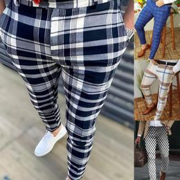 Men's Pants Men Plaid Mid Waist Slim Fit Spring Trousers Wear-resistant For Work