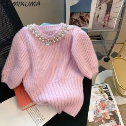 Sweaters Nomikuma Chic Korean Beads Short Sweaters Women 2023 Spring Sweet Puff Sleeve Knitwear Fashion Elegant Slim Waist Knitted Tops