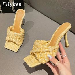 Eilyken Summer Slipper Fashion Weave Slides Ladies Elegant Thin High Heel Outdoor Women Sandals Shoes Plus Size 40 240228