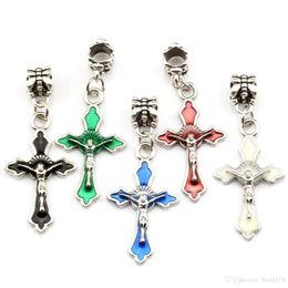 100Pcs Enamel Jesus Cross Crucifix Charm Pendants Christian Symbol Alloy Dangle Bead For Jewellery Making Necklace Findings268U