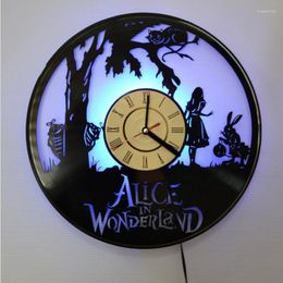 Wall Clocks Alice In Wonderland Creative Vinyl Record Hanging Clock Art Led Night Light Remote Control Time