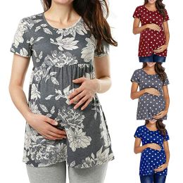 T-Shirt Women Pregnancy Casual T Shirt Maternity Summer Short Sleeve Dot Print Tees Tops Pregnant Tunic Blouse Maternity Clothing