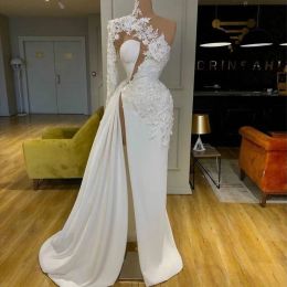 White New Satin Long Sleeve Evening Dresses A Line Formal Dress Prom Party Gown Applique High Neck Thigh-high Slits Custom pplique