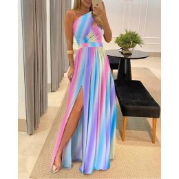 Dress Women High Waist Body Dress Rainbow Gradient Print