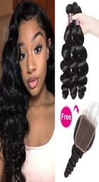 Buy 3Bundles Get A Closure Deep Loose Hair Extensions Brazilian Human Hair Bundles with Closure Loose Wave Yaki Straight Wate7277292