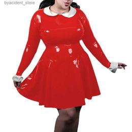 Urban Sexy Dresses Plus Size Shiny PVC Leather Long Sleeve Mini Dress Female Wetlook Peter Pan Collar High Waist Large Swing Dress Woman Clothing L240309