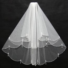 Dresses Women Wedding Veil with Comb 2 Layers Tulle Pearls Beads Bridal Accessories