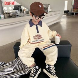 1-8Y Korean Kid Clothes Baby Boy Spring Autumn Suit Waffle Letter Print Baby Girls Outfits Lapel Cotton Sweater Pants 2pcs Set 240308