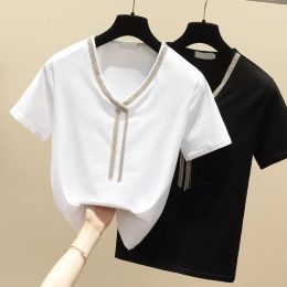 T-Shirt Gkfnmt Tees T Shirt Women Clothes Cotton Korean Tshirt Tassel Beaded Summer Tops Short Sleeve Vneck Y2k Shirt Black White 2021