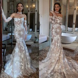Luxury Mermaid Lace Wedding Dresses ogstuff strapless Designer Wedding Dress long sleeves Illusion wedding bridal gowns sweep train