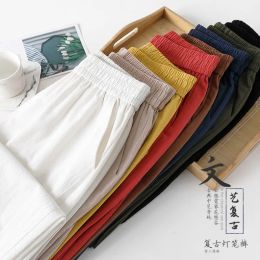 Capris 2023 Spring Summer New Casual Style Cotton Linen Pants Women Elastic Waist Solid Basic Retro Loose Women's Harem Pants Trousers