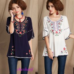 Shirts 2021 Vintage 70s Mexican Floral Embroidery Boho Women Hippie Blouse Women Tunic Soft Cotton Summer Shirts Tops Blusa Mujer