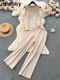 Women's Two Piece Pants 2024 Striple O Neck Spring Summer Women T Shirt Set Sleeveless Knit Loose Casual Tracksuit Ladys Pant Suit