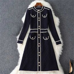 2022 Spring Long Sleeve Round Neck Blue White Contrast Colour Stretch Knitted Panelled Buttons Single-Breasted Dress Elegant Casual Dresses 21S138B459 TQ4S