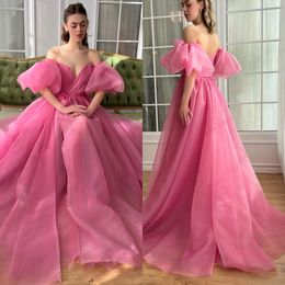 Pink a line evening dresses elegant Sweetheart ruffle skirt Party Prom Dress puffy sleeves Long dresses for special occasions