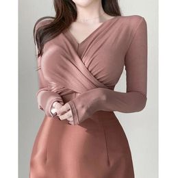 Y2K Vintage Long Sleeve Women Tee Korean Female Office Lady Folds Solid Casual Fashion T Shirt Basic Clothing Streetwear Tops 240228