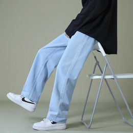 Autumn Men Denim Wideleg Pants Korean Style Straight Light Blue Baggy Jeans Elastic Waist Student Trousers Male Black Gray 240309